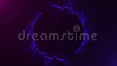 4K镜头的抽象图形粒子紫光运行在圆圈形状上的紫罗兰背景。 背景紫罗兰运动